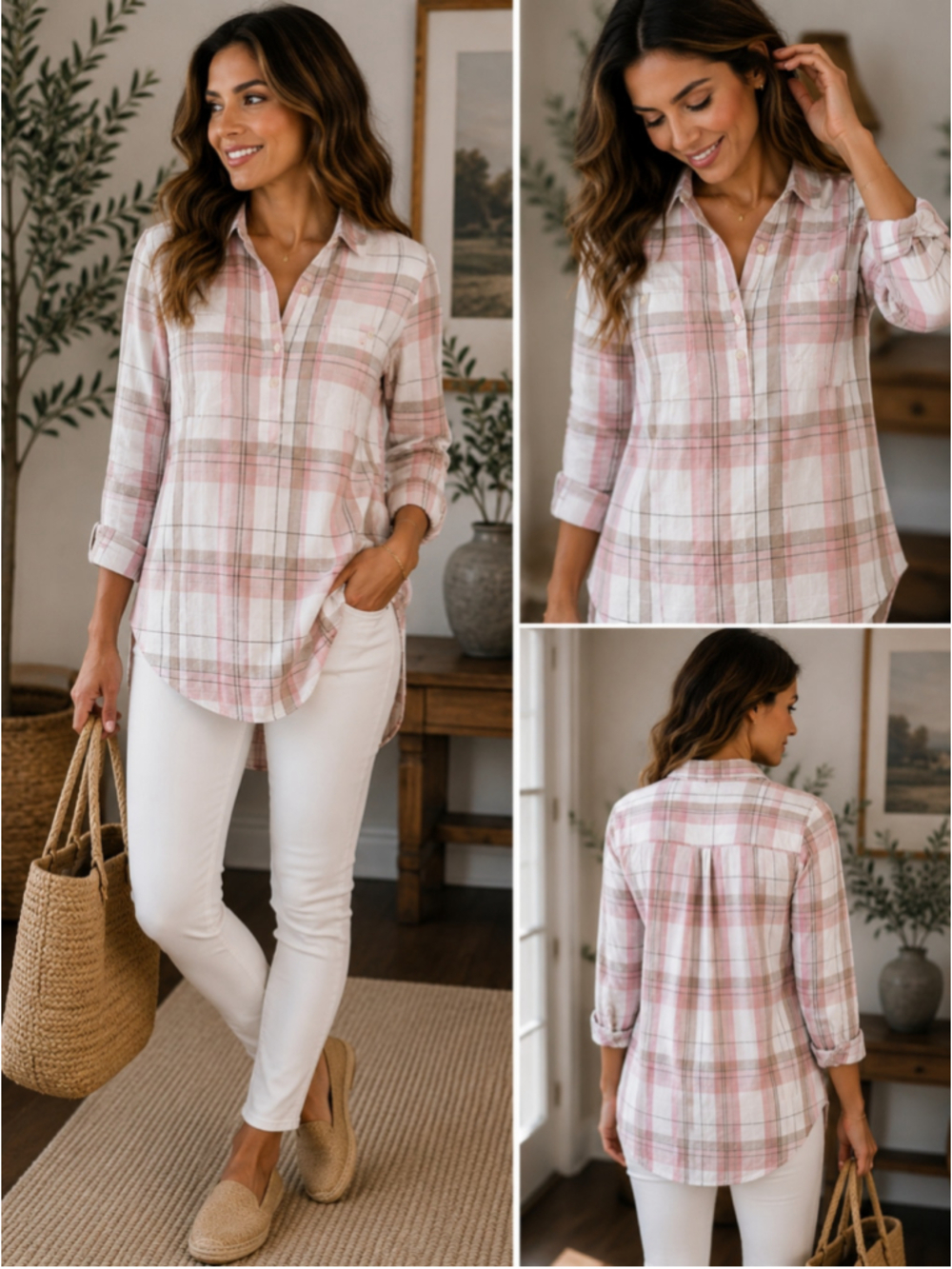 Caslon Womens Small Pink Plaid Cotton Tunic Shirt Quarter Button NWT